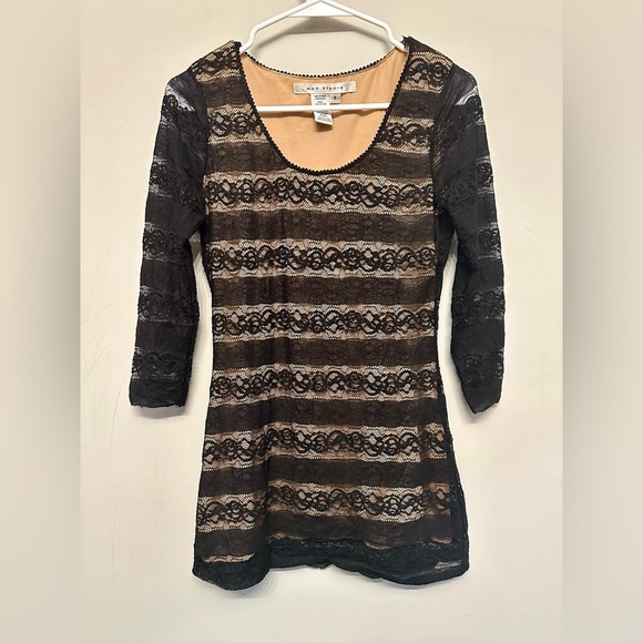 Max Studio Tan Nylon & Black Lace Top Small - Picture 1 of 4